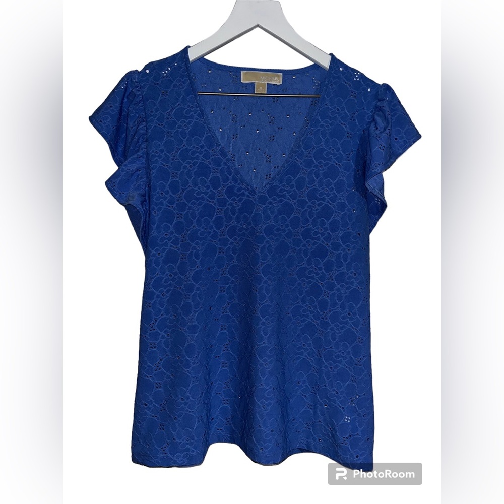Michael Kors Eyelet Ruffled Flutter Sleeve Shirt - Blue - Size M